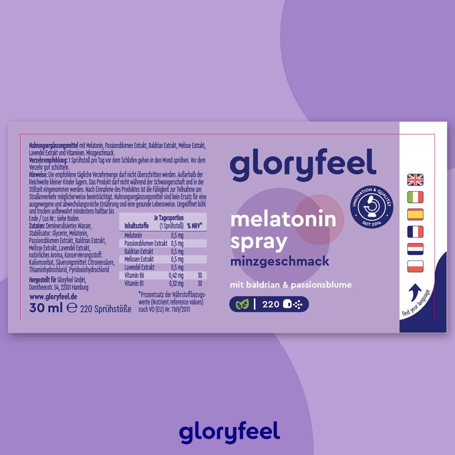 gloryfeel® Melatonin + Baldrian, Lavendel Melissen Extrakt Spray Minze 220 St Mundspray