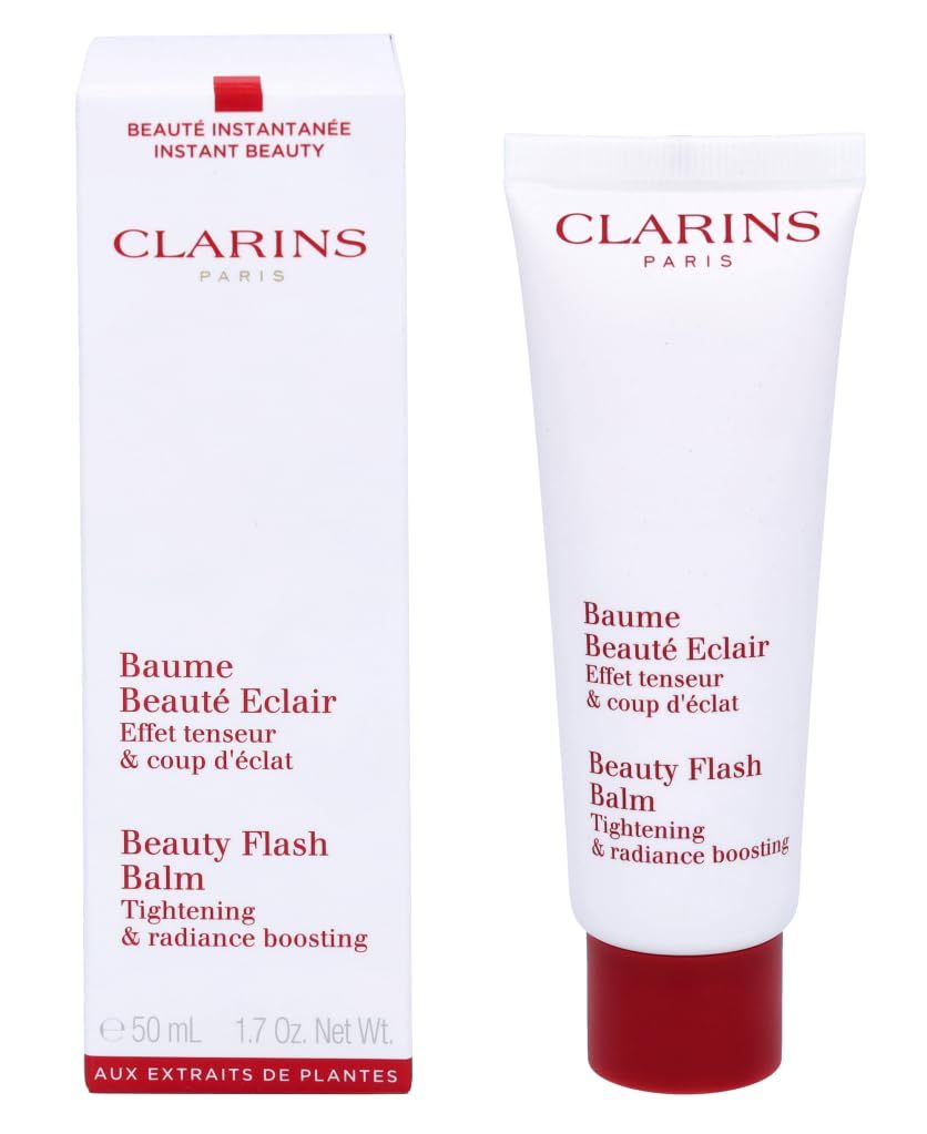 Weißer Tiegel mit rotem Deckel und Karton. Aufschrift: Clarins, Baume Beauté Eclair, Beauty Flash Balm.