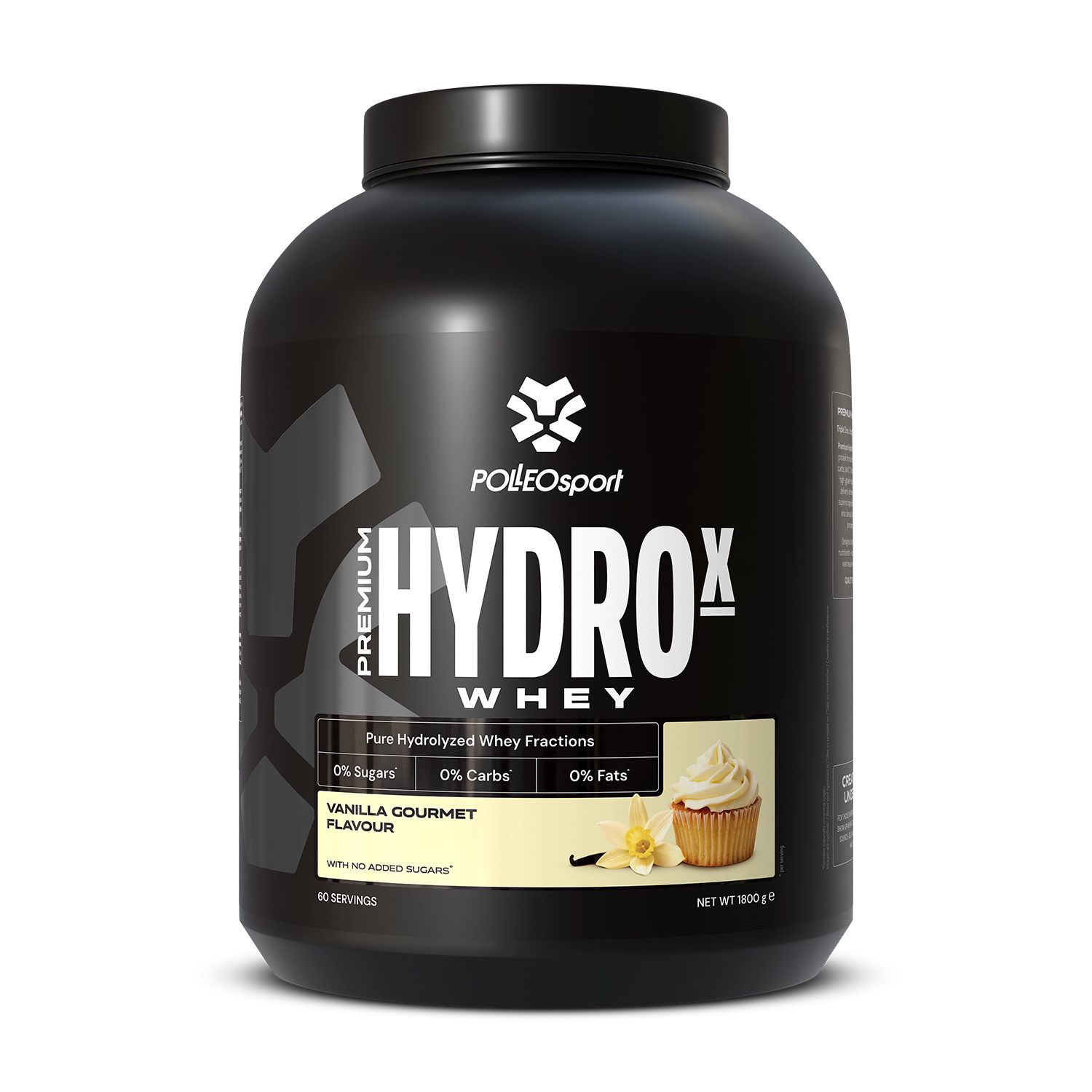 Schwarze Dose mit "HYDROx Whey". Aufschrift: "Vanilla Gourmet". Enthält 0% Zucker, Kohlenhydrate und Fett. Marke: PolleoSport.
