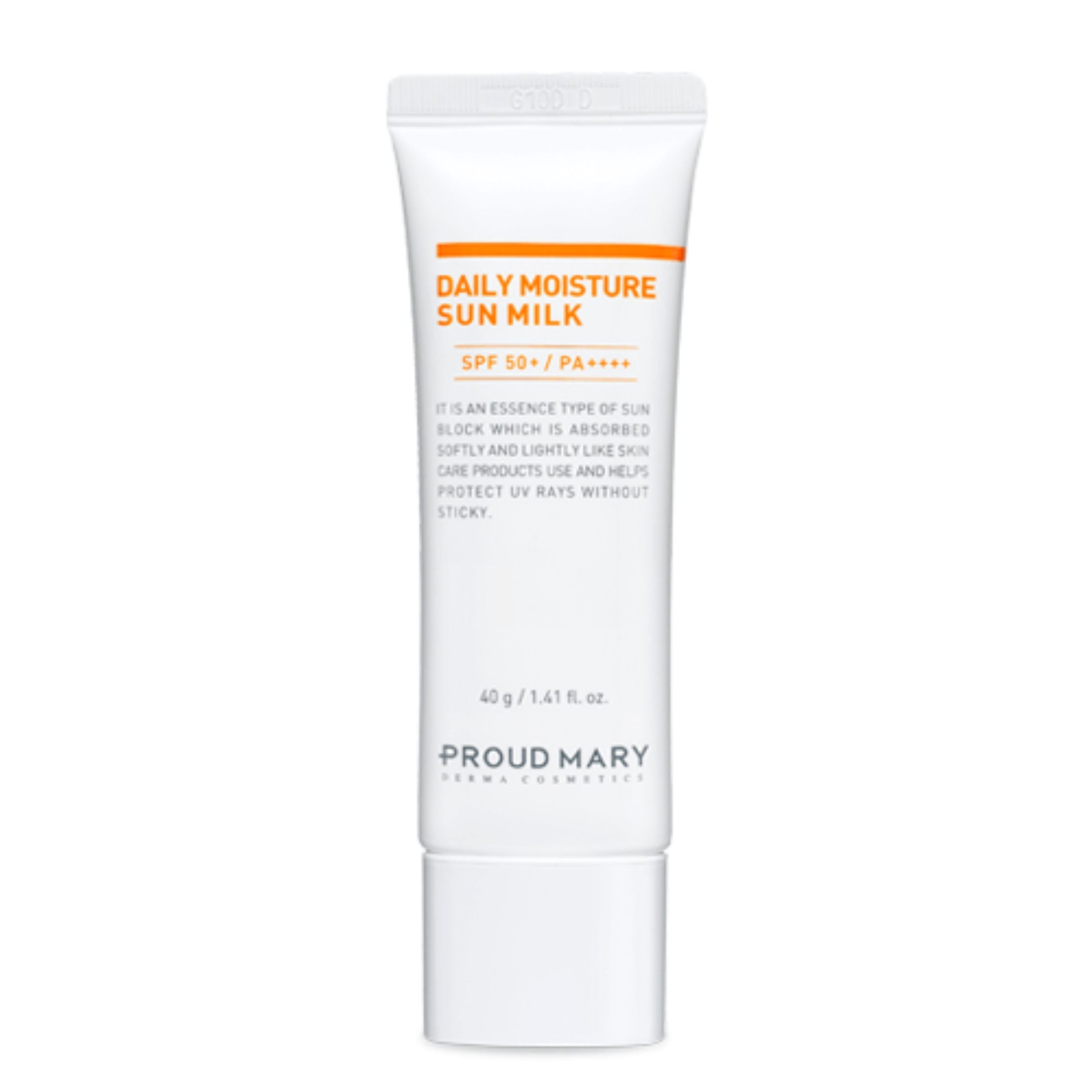 Weiße Tube mit orangefarbener Schrift. Beschriftung: Daily Moisture Sun Milk SPF 50+/PA++++. Marke: Proud Mary.