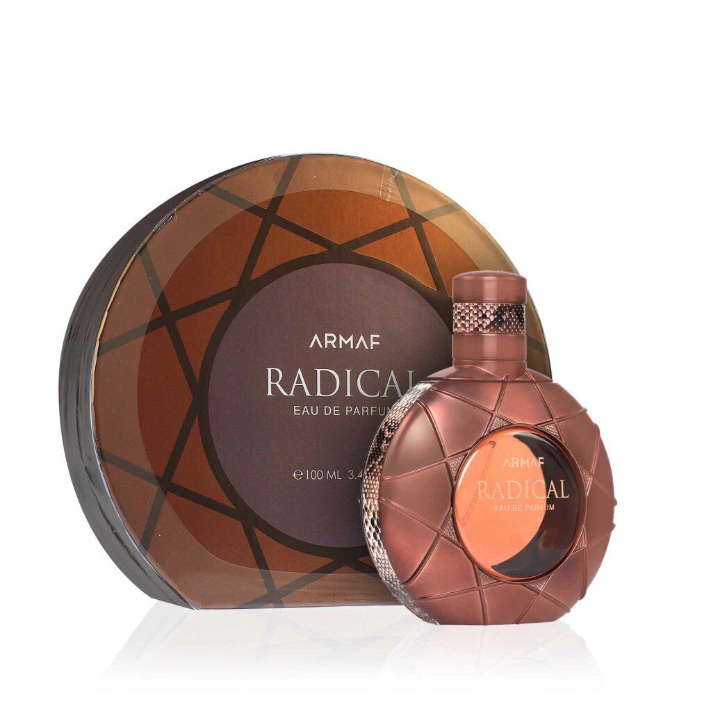 Parfümflasche und Verpackung. Flasche braun, rund, mit Reptilienmuster. Verpackung rund, braun mit geometrischem Muster. Text: Armaf Radical Eau de Parfum.