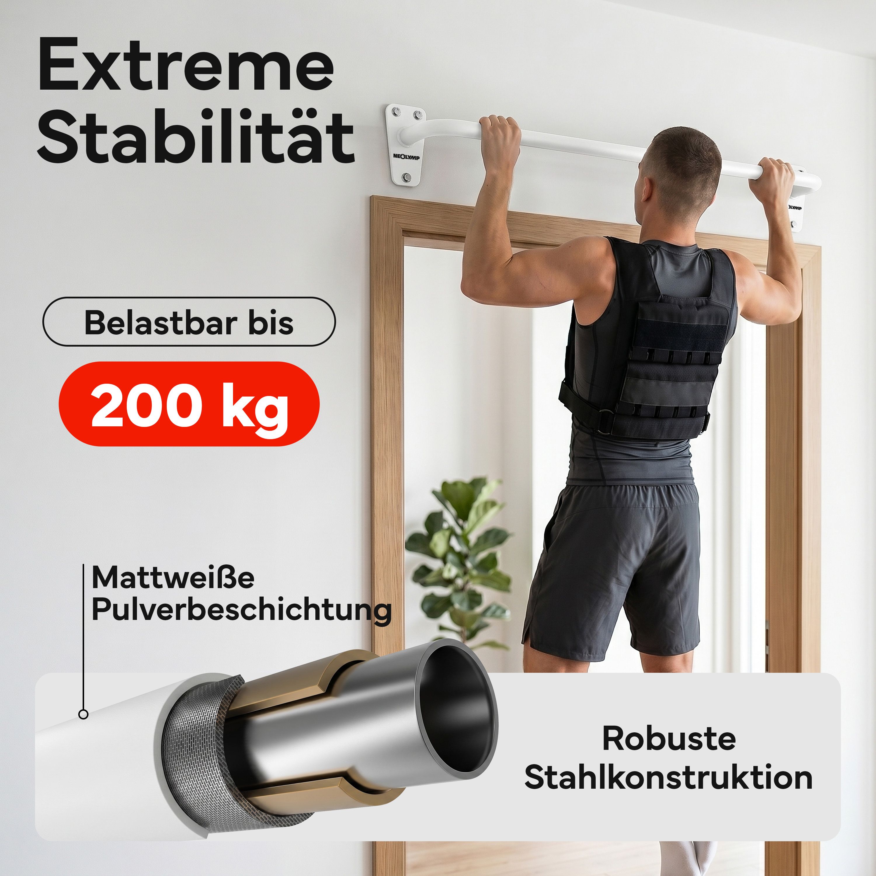 Stabile weiße Klimmzugstange, belastbar bis 200 kg. Robuste Stahlkonstruktion mit mattweißer Pulverbeschichtung.
