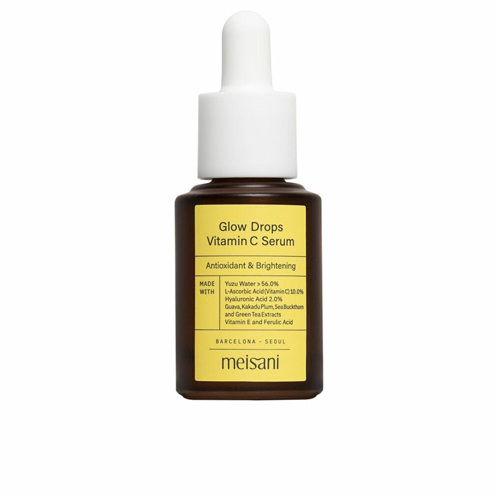 Braune Flasche mit weißem Deckel und Pipette. Gelbes Etikett mit Text: Glow Drops Vitamin C Serum. Marke: meisani.
