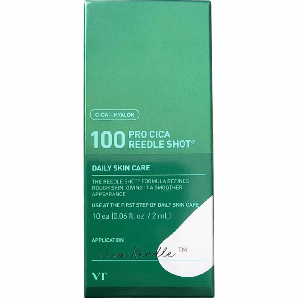 Verpackung für '100 Pro Cica Reedle Shot' Hautpflege. Enthält 10 Einheiten zu je 2 ml.