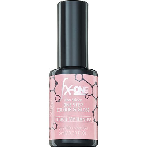 Flasche Nagellack. Rosa Etikett mit schwarzem Deckel. Text: FX-ONE, ONE STEP COLOUR & GLOSS, TOUCH MY HANDS!. 6ml/0.20 Fl.Oz.