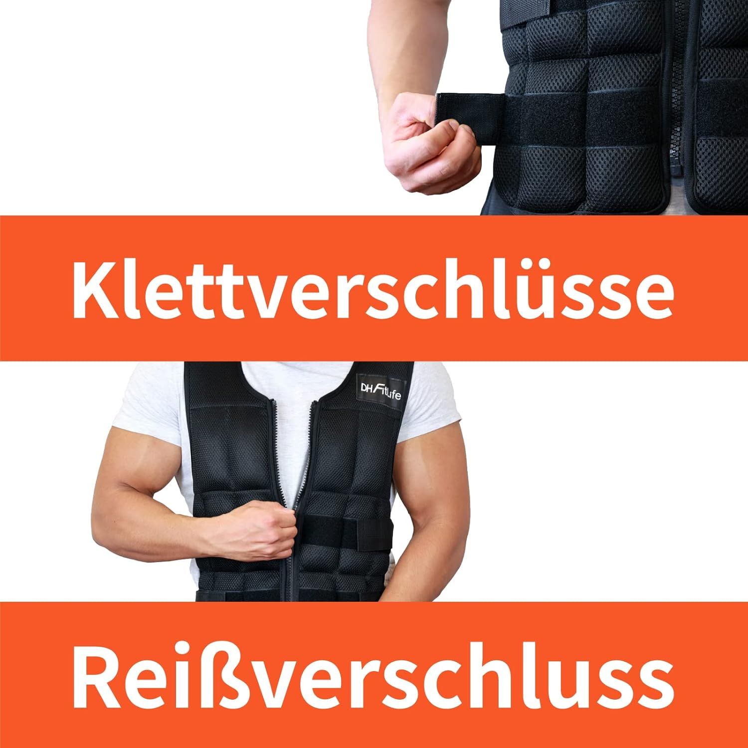 Nahaufnahme von Klettverschlüssen und Reißverschluss an einer schwarzen Gewichtsweste. DH FitLife Logo.
