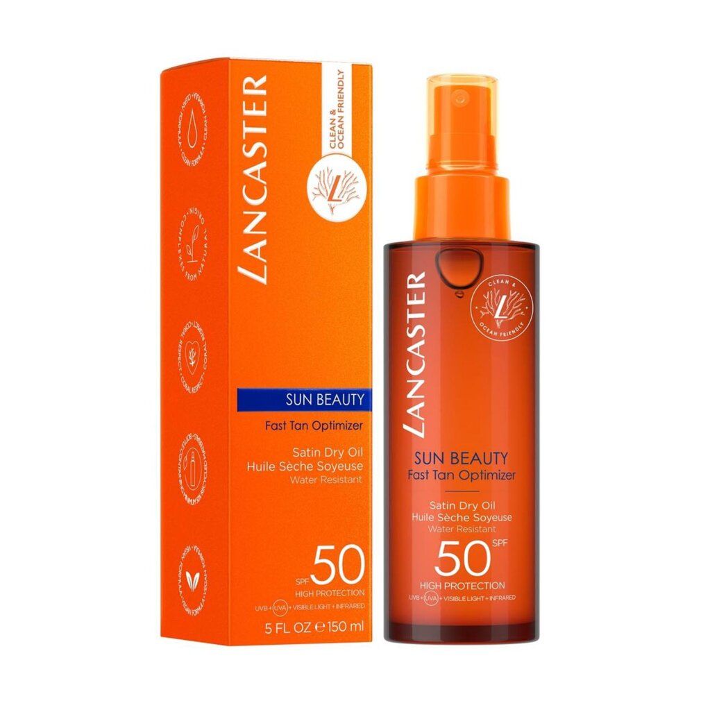 Lancaster Sun Beauty Dry Oil SPF50. Flasche und Verpackung. Text: Sun Beauty, Fast Tan Optimizer, Satin Dry Oil, 50 SPF, 5 FL OZ 150 ml.
