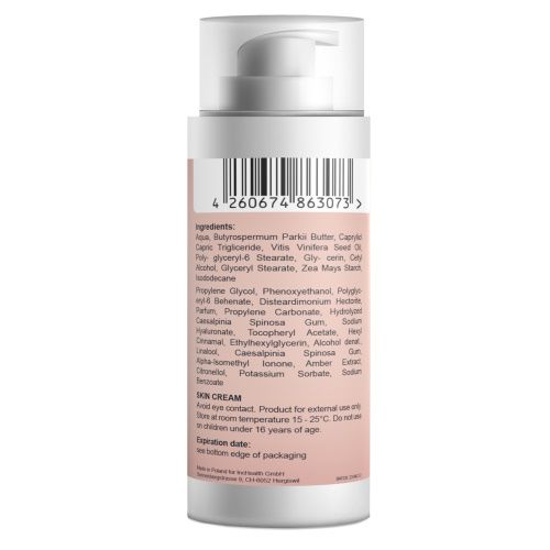 Rückseite der Creme-Spenderflasche. Rosa Etikett mit Inhaltsstoffen und Barcode.