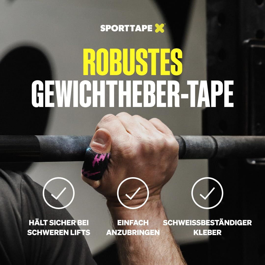 Hand mit robustem Gewichtheber-Tape umwickelt, das sicheren Halt bei schweren Lifts bietet.