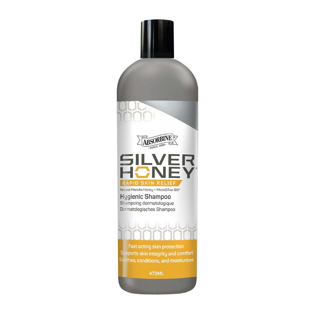 Graue Flasche mit schwarzem Deckel. Etikett mit Produktname und Text. 473 ml.