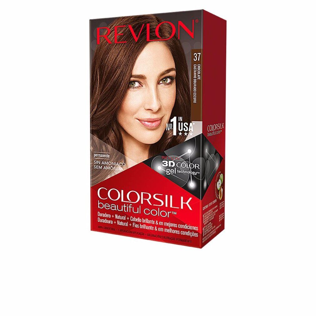 Haarfärbemittel-Verpackung. Revlon Colorsilk, Farbton 37, Chocolate. Abbildung einer Frau mit braunem Haar. Text: 3D Color Gel Technologie.