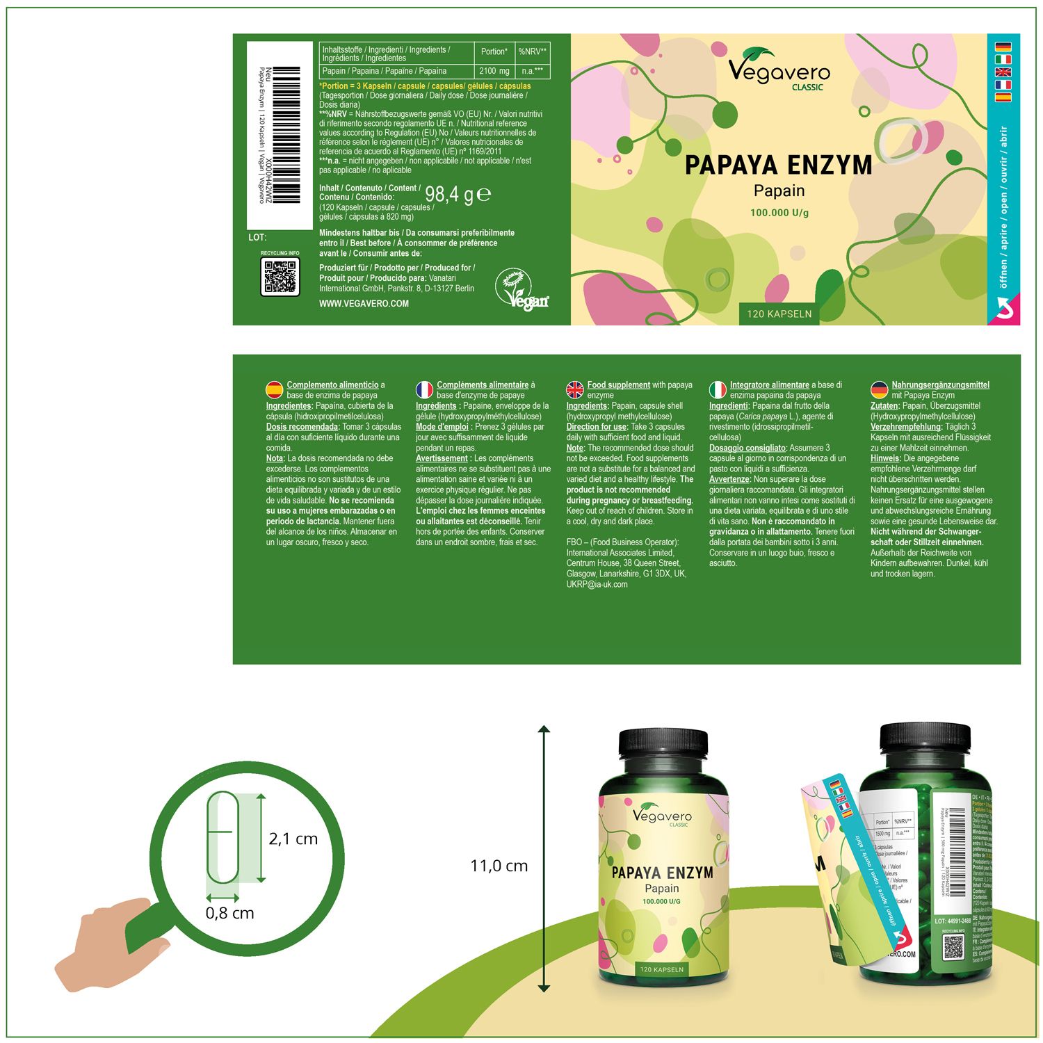 Produktverpackung mit Flasche und Beipackzettel. Flasche: VEGAVERO, PAPAYA ENZYM, 120 Kapseln. Maße: 11,0 cm hoch, Kapsel: 2,1 x 0,8 cm.