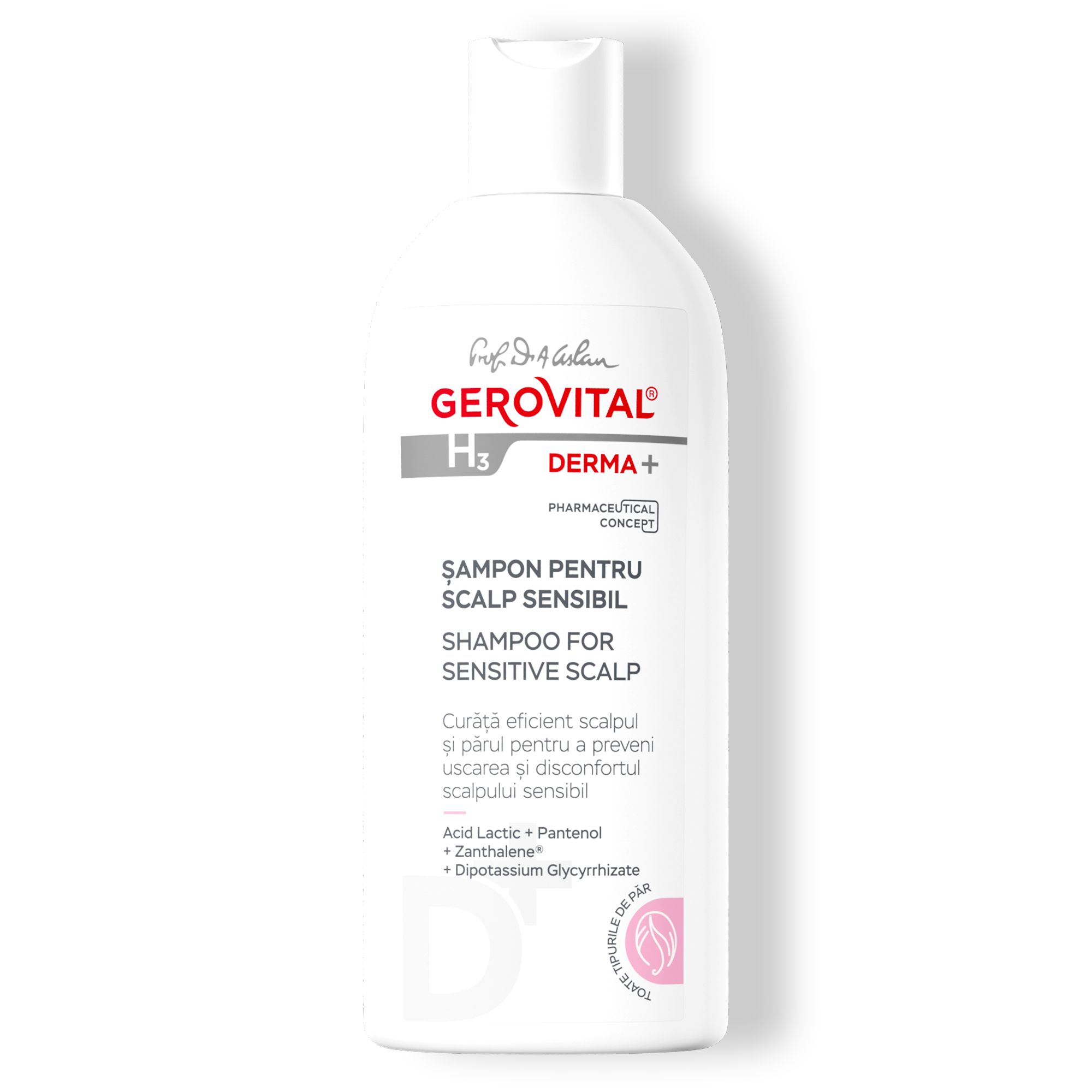 Gerovital Shampoo für empfindliche Kopfhaut. Weiße Flasche mit weißem Deckel. Text und Logo. Derma+.