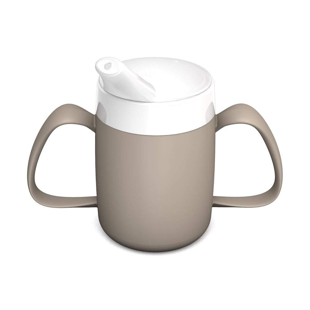 Becher mit zwei Henkeln, beige und weiß. Mit Trink-Trick und Schnabelaufsatz.