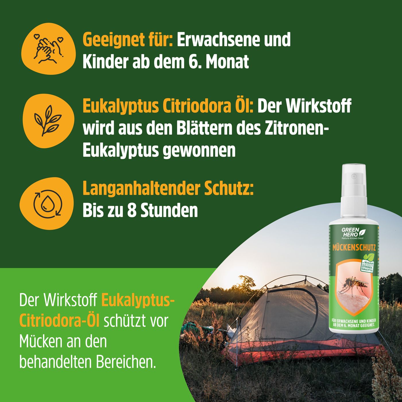 Grüne Infografik mit Text. Geeignet für Erwachsene und Kinder ab 6 Monaten. Eucalyptus Citriodora Öl. Lang anhaltender Schutz: Bis zu 8 Stunden. Flasche Green Hero.