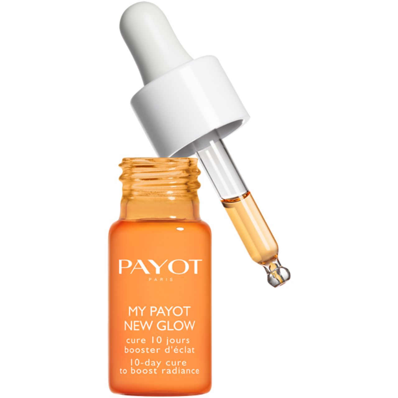 Orangefarbene Glasflasche mit Pipette. Aufschrift: PAYOT, MY PAYOT NEW GLOW, 10-Tage-Kur zur Steigerung der Ausstrahlung.