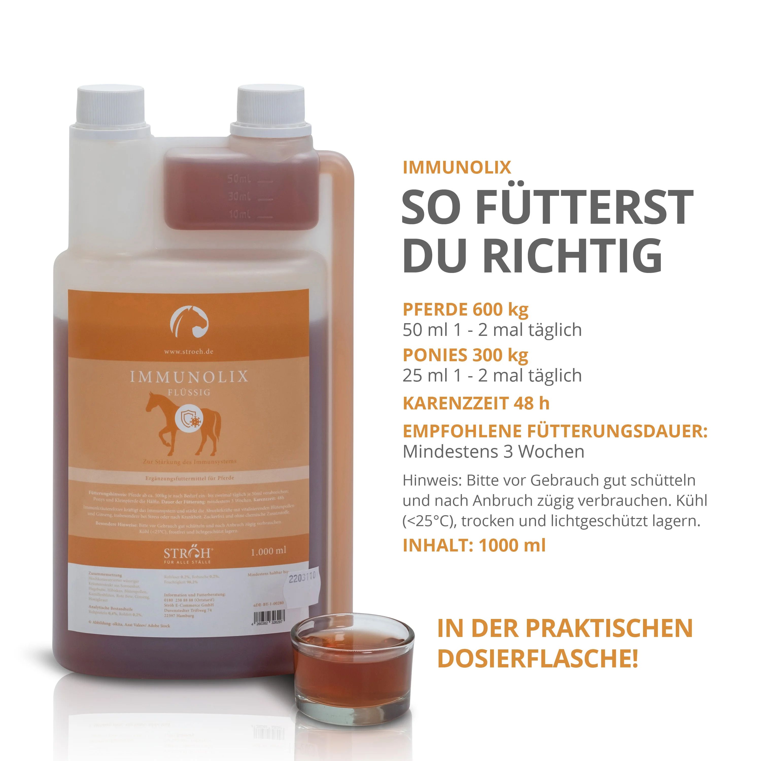 Flasche mit Flüssigkeit und Dosierbecher. Text mit Dosieranweisungen. Orangefarbener Hintergrund.