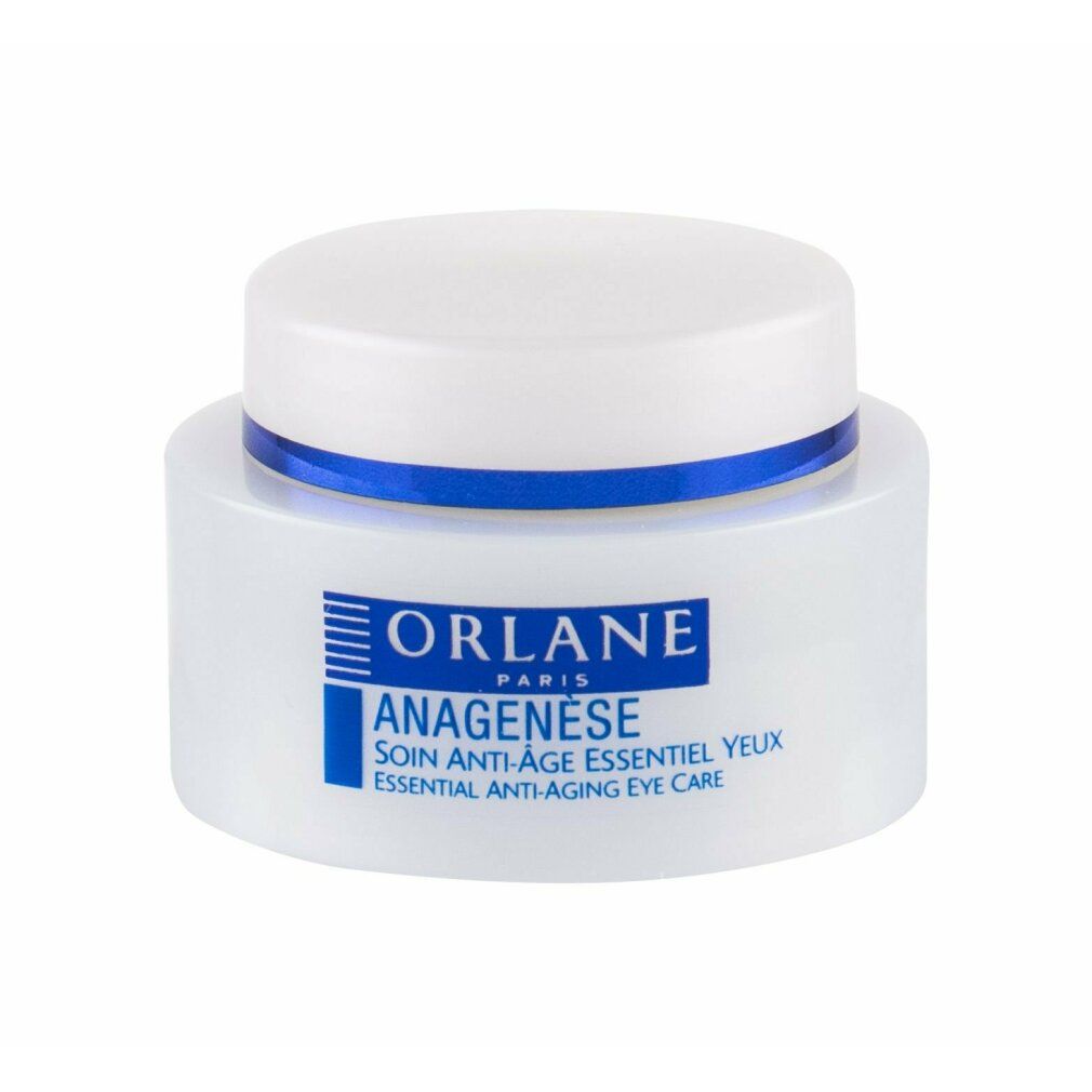 Weißer Tiegel mit blauem Streifen und Deckel. Schriftzug: ORLANE PARIS, ANAGENÈSE, SOIN ANTI-ÂGE ESSENTIEL YEUX, ESSENTIAL ANTI-AGING EYE CARE.