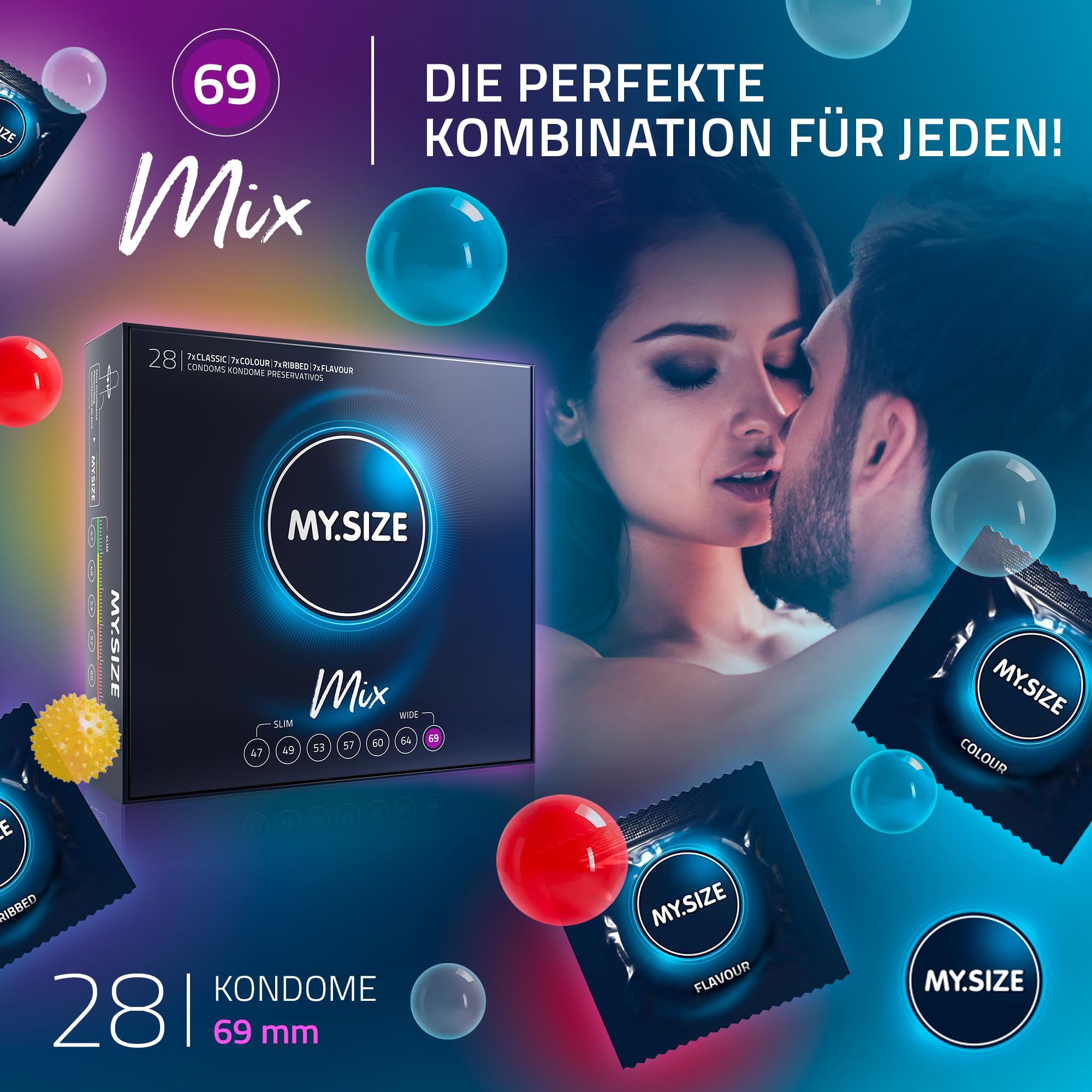 Packung mit 28 Kondomen, 69 mm breit, Mix-Sortiment.