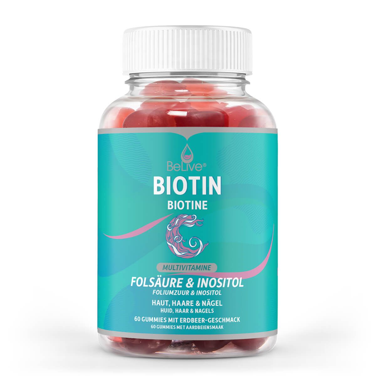 Klare Plastikflasche mit roten Gummibärchen. Etikett mit "BeLive" und "BIOTIN". Enthält Folsäure & Inositol. 60 Gummis.