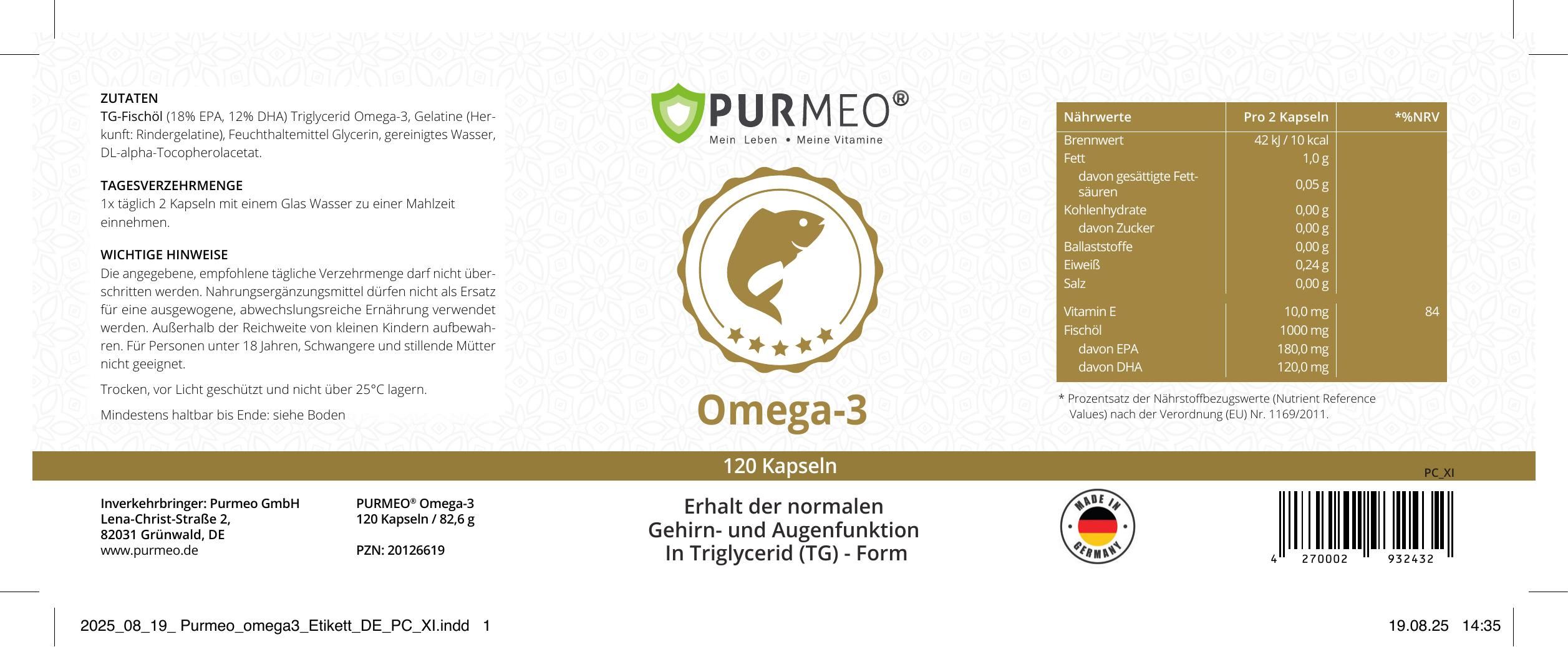 Etikett mit PURMEO-Logo, Fisch-Illustration und "Omega-3". Enthält Informationen zu Inhaltsstoffen und Nährwerten. 120 Kapseln.