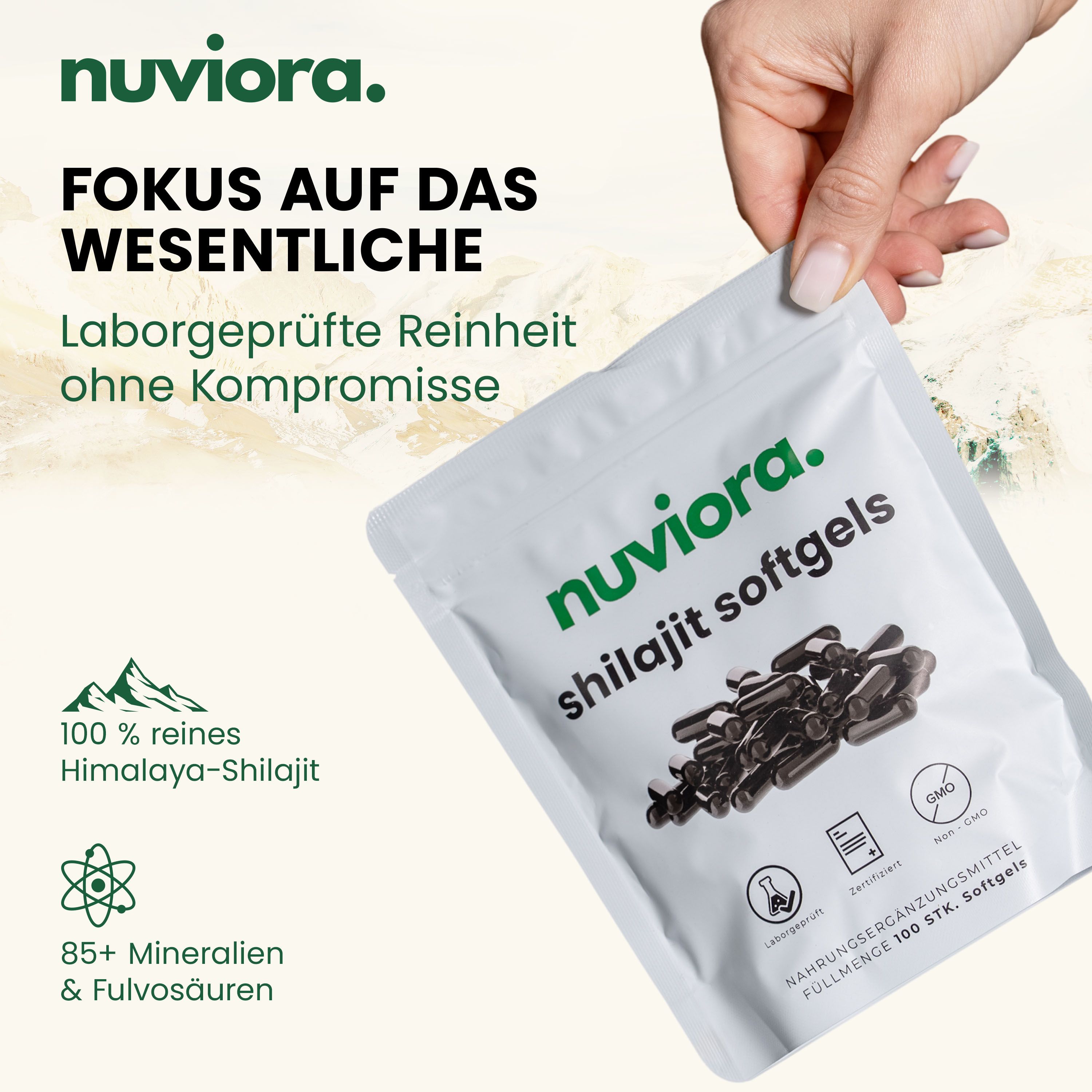 Beutel mit Softgels. Aufschrift: nuviora. shilajit softgels. 100% reines Himalaya-Shilajit. 85+ Mineralien.