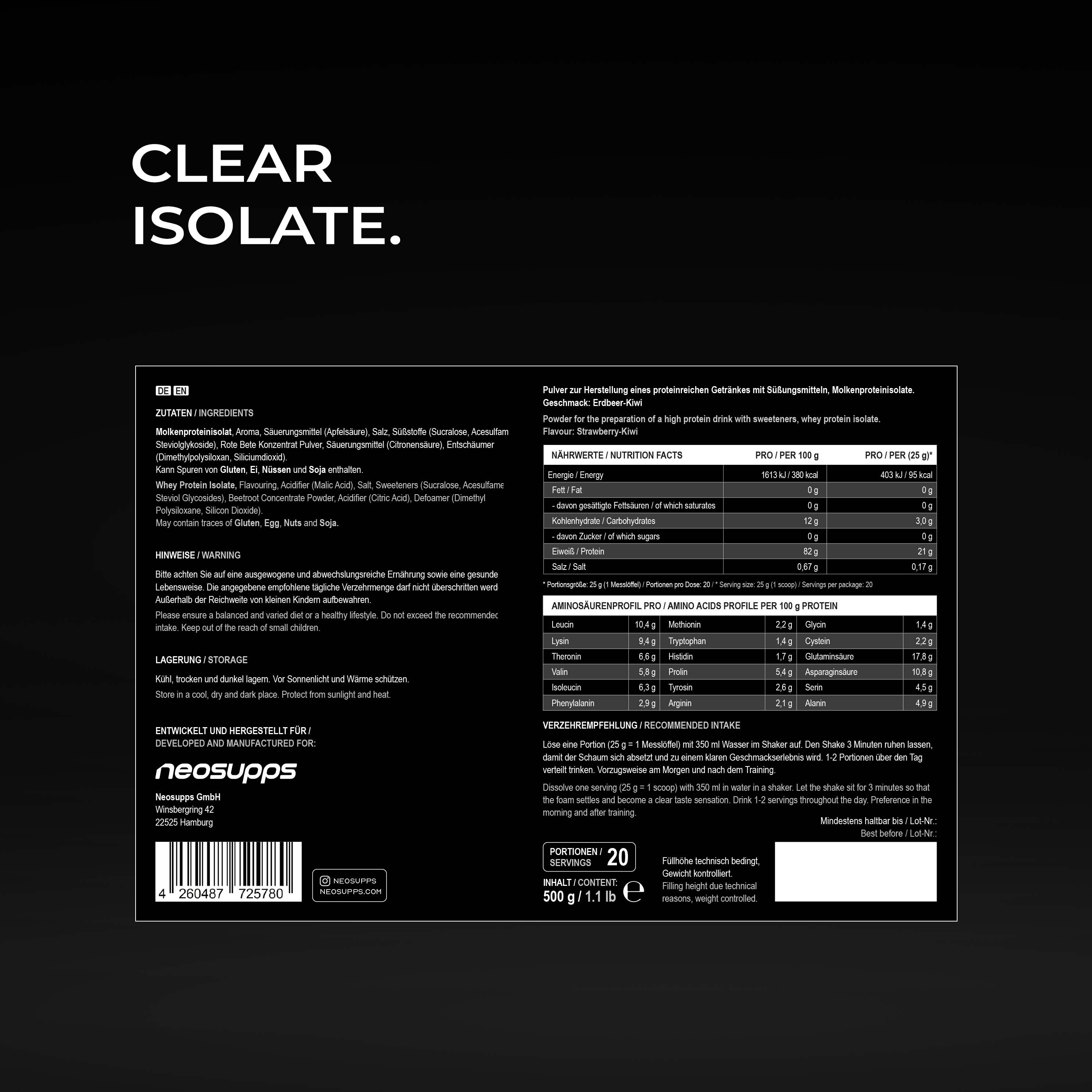 Neosupps Clear Whey Isolat Protein Pulver Strawberry Kiwi, 500g,  zuckerfrei, Abnehmen, Muskelaufbau