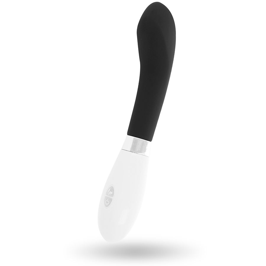 Silikonvibrator mit geschwungener Form. Schwarz und weiß. Zylindrischer Griff, gebogener Kopf.