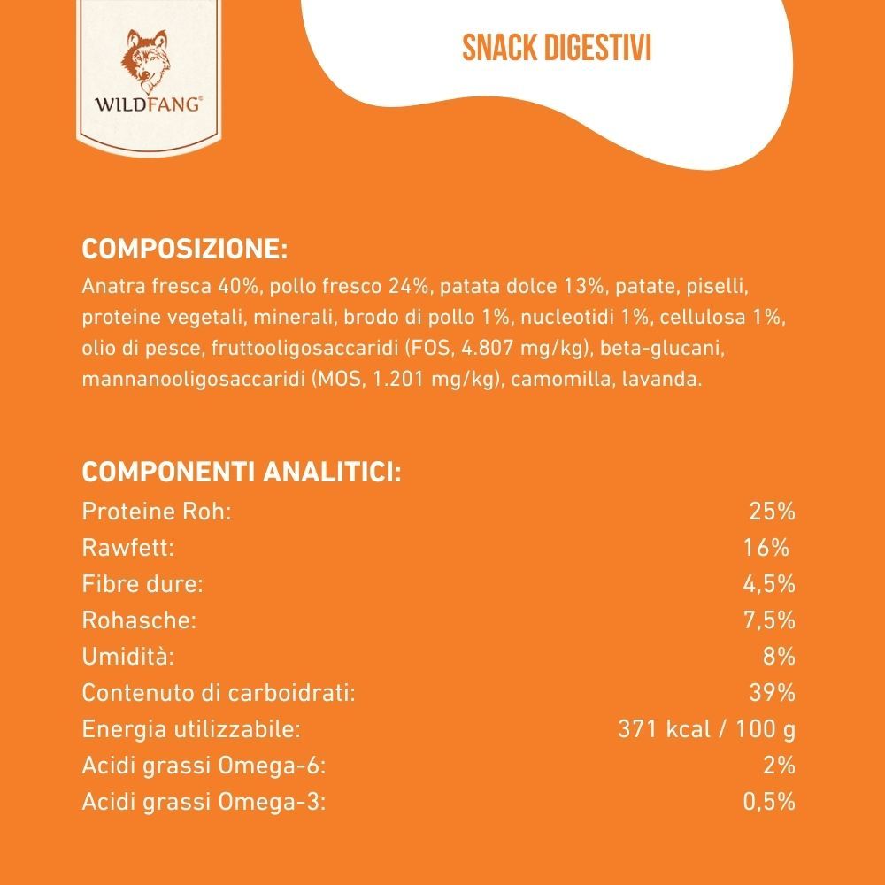 Zusammensetzung und analytische Bestandteile von Hundesnacks. Enthält Informationen über Proteine, Fette, Ballaststoffe und Feuchtigkeit.