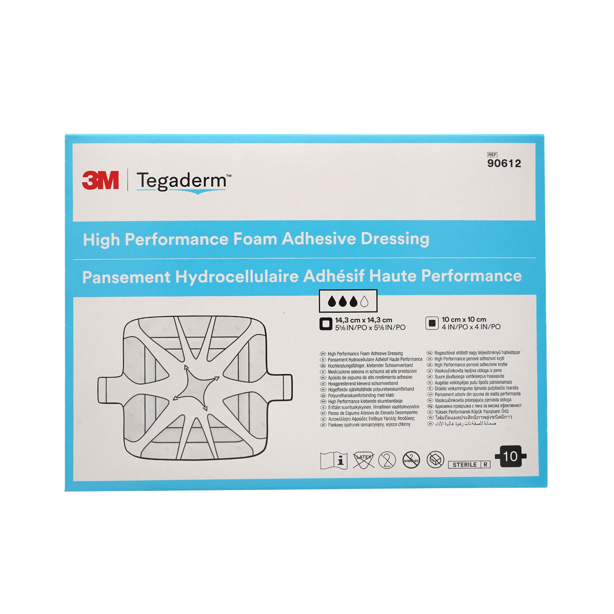 Verpackung von 3M Tegaderm Wundverband. Aufschrift: High Performance Foam Adhesive Dressing. Größe: 14,3 x 14,3 cm. Zehn Stück. Steril.