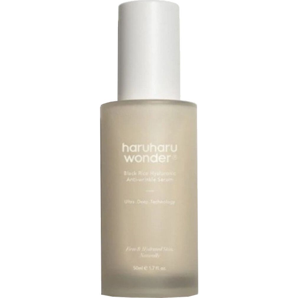 HaruHaru Wonder Serumflasche, mattes Glas, weiße Kappe. Text: 'Black Rice Hyaluronic Anti-wrinkle Serum'.