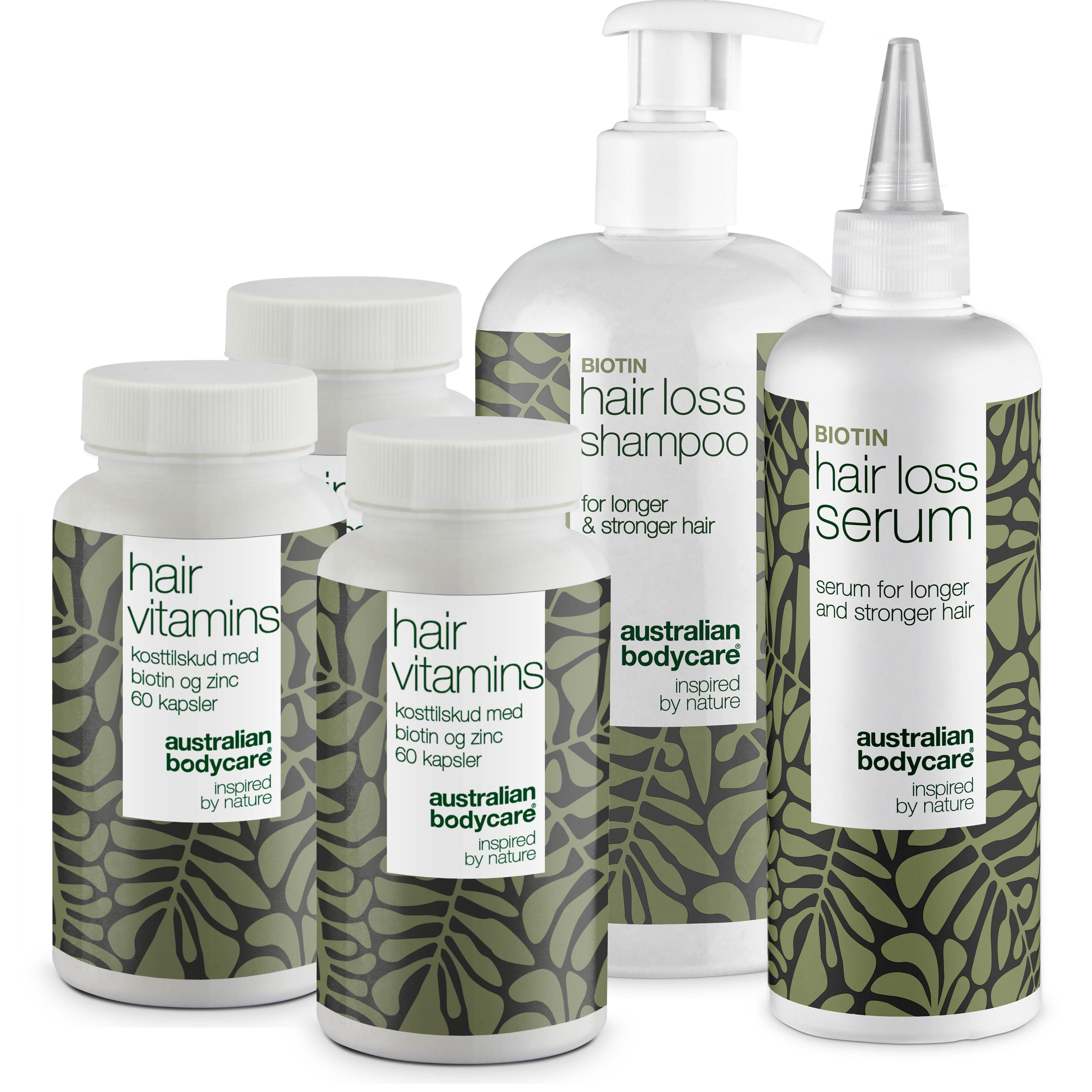 Mehrere Flaschen und Kapseln. Aufschrift: Hair Vitamins, Hair Loss Shampoo, Hair Loss Serum. Marke: Australian Bodycare.