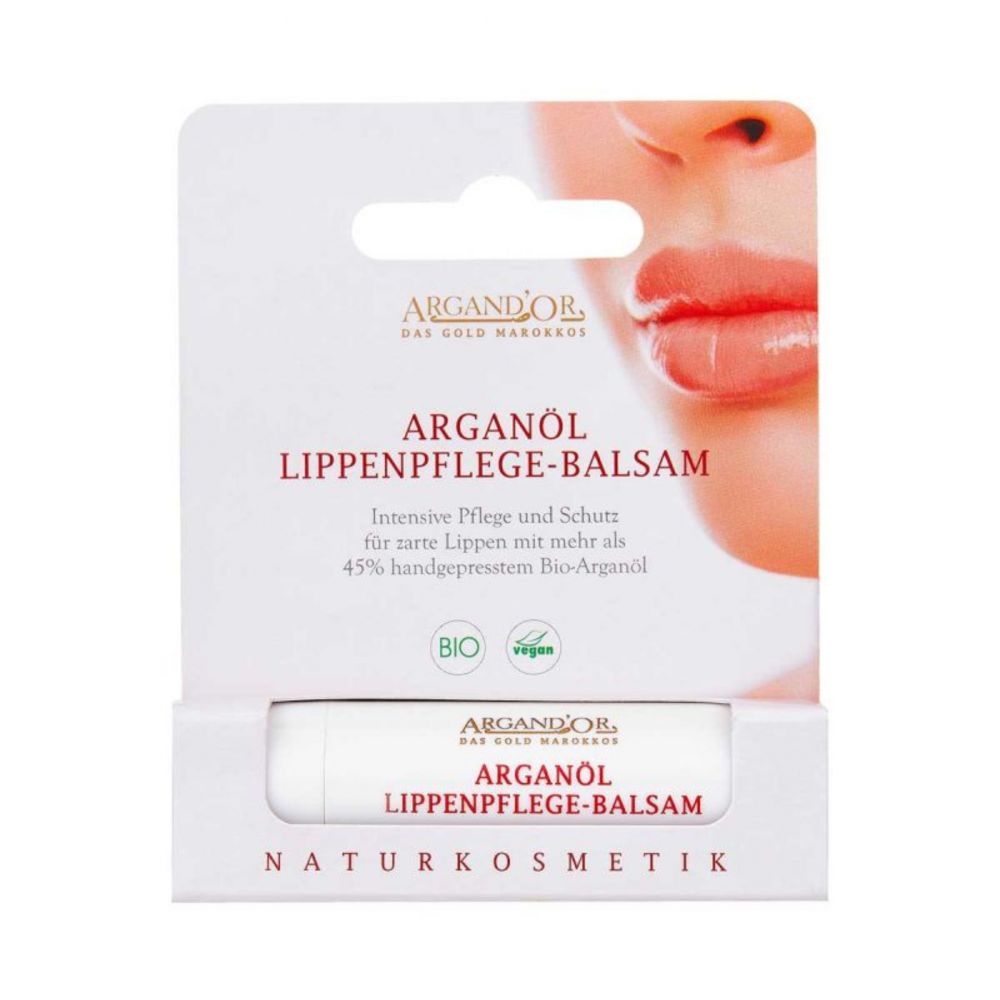 Lippenpflegestift in Verpackung. Produktname und Marke ARGANDOR. Text: Arganöl Lippenpflege-Balsam. Bio- und Vegan-Siegel.