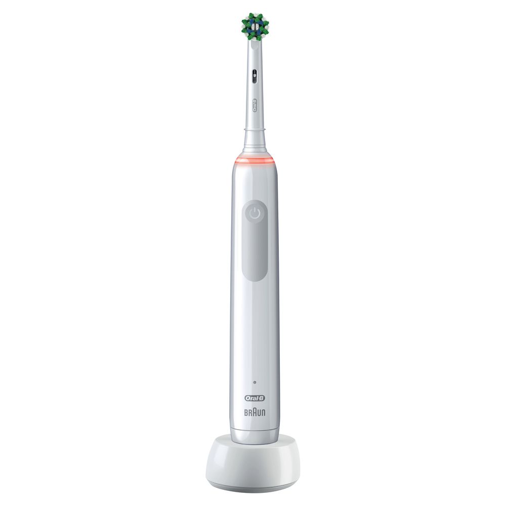 Weiße elektrische Zahnbürste mit Ladestation. Sichtbar: Oral-B Pro 3, Cross Action Bürstenkopf, Druckkontrolle mit rotem Licht.