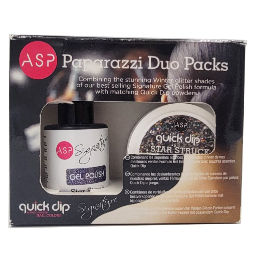 Duo-Pack mit Gel-Nagellack und Puder. Schwarze Verpackung mit Produktnamen und Text. ASP-Logo sichtbar.