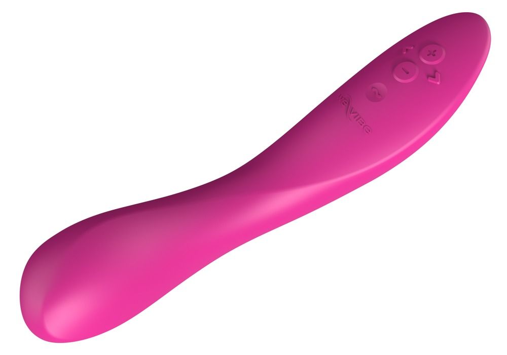 Rosa Vibrator mit geschwungener Form. Oben befinden sich Tasten mit Plus, Minus und Wellensymbolen. We-Vibe-Logo.