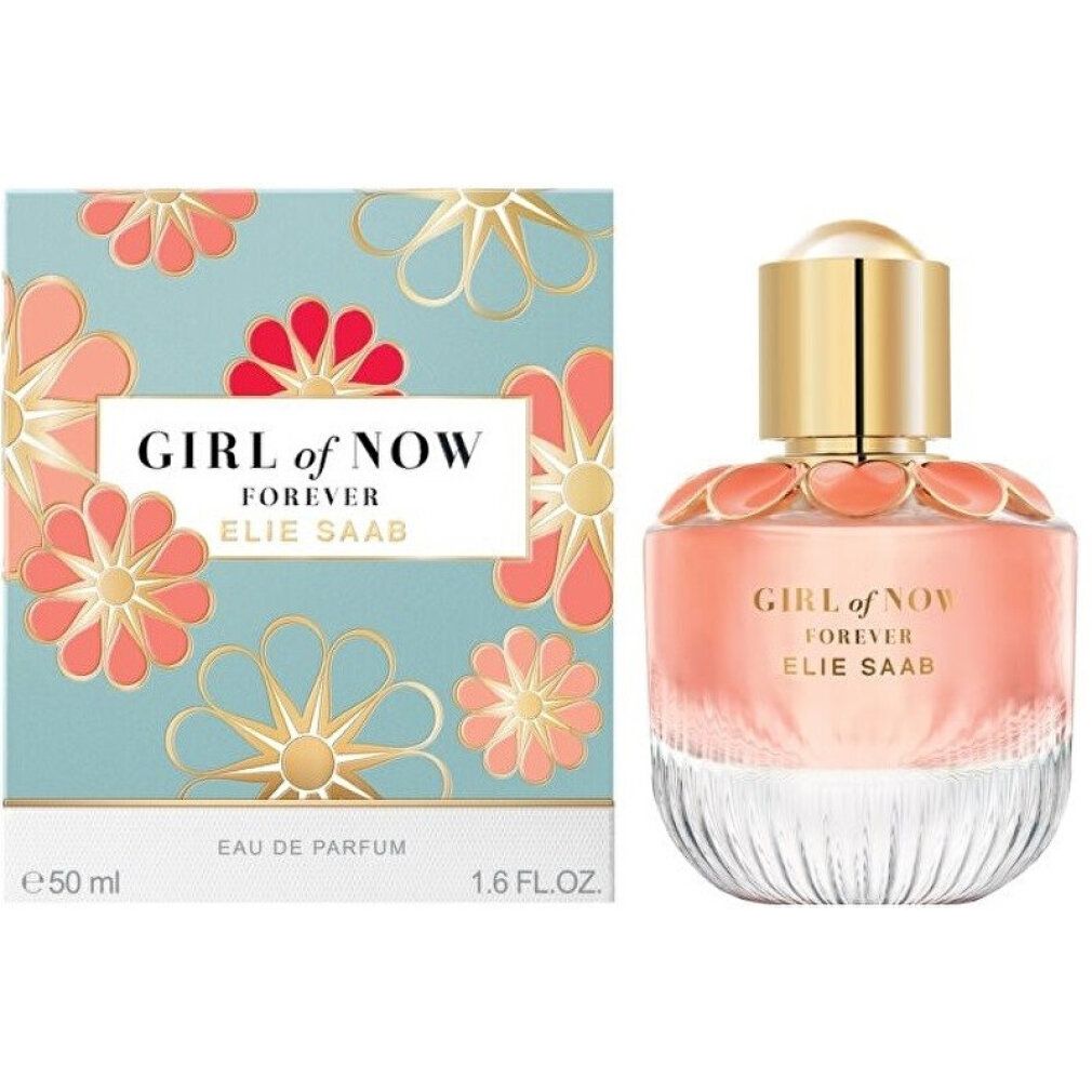 Parfümflakon. Text: GIRL of NOW FOREVER ELIE SAAB. Flakon mit rosa Flüssigkeit. Goldener Verschluss.