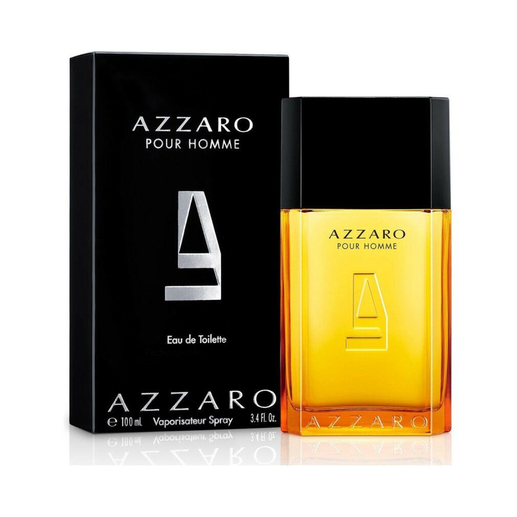 AZZARO POUR HOMME Eau de Toilette Spray. Flakon und Verpackung. Logo und Schriftzug AZZARO.