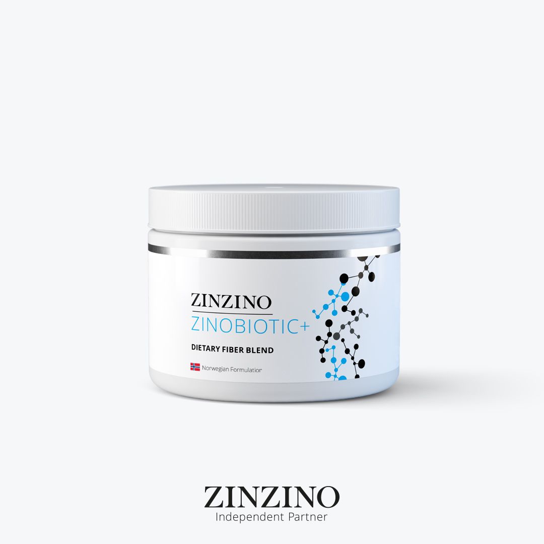 Weißes ZinoBiotic+ Glas mit blau-schwarzem Grafikdesign. Silberner Ring. Text: Dietary Fiber Blend, ZINZINO.