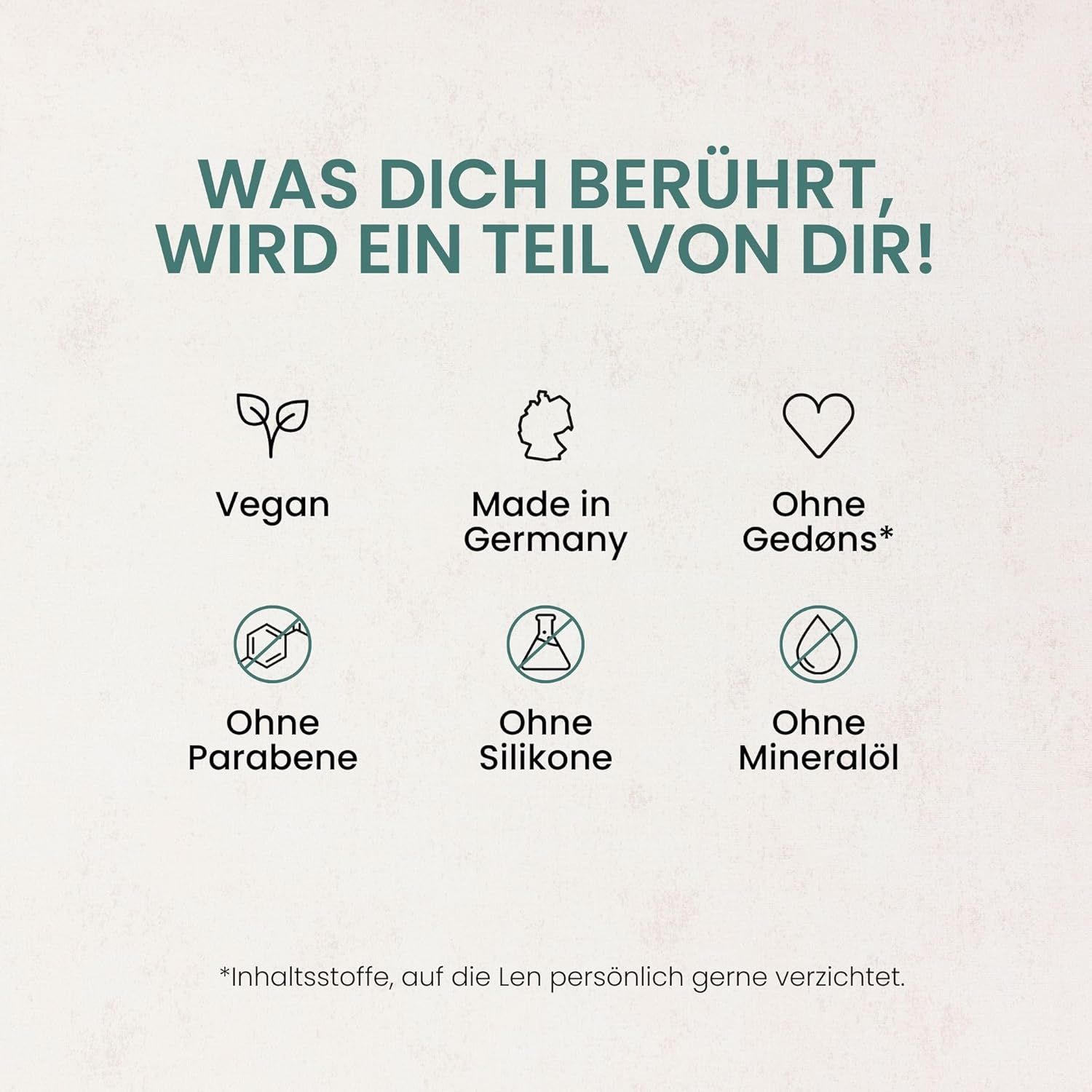 Icons: Vegan, Made in Germany, Ohne Gedöns, Ohne Parabene, Ohne Silikone, Ohne Mineralöl.