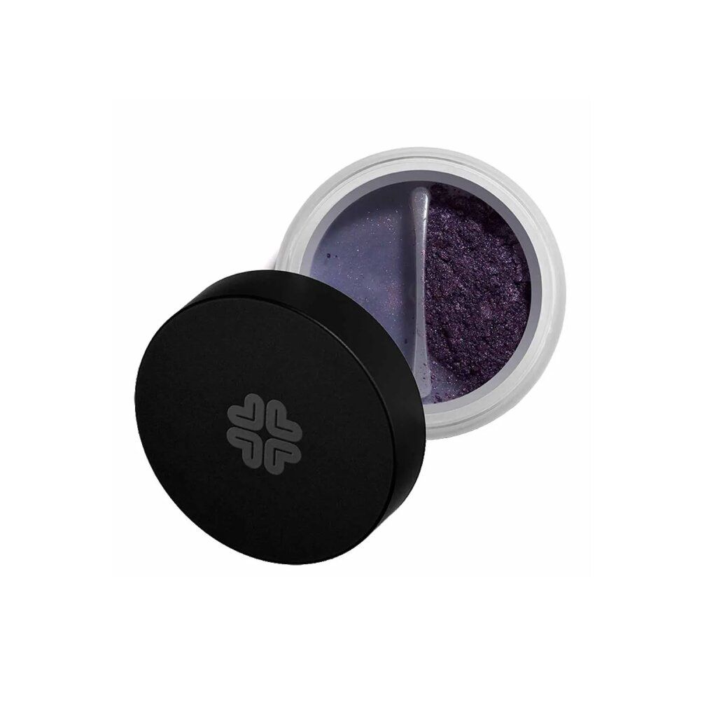 Runder, offener Behälter mit zwei violetten Lidschattenfarben. Schwarzer Deckel mit Logo daneben.