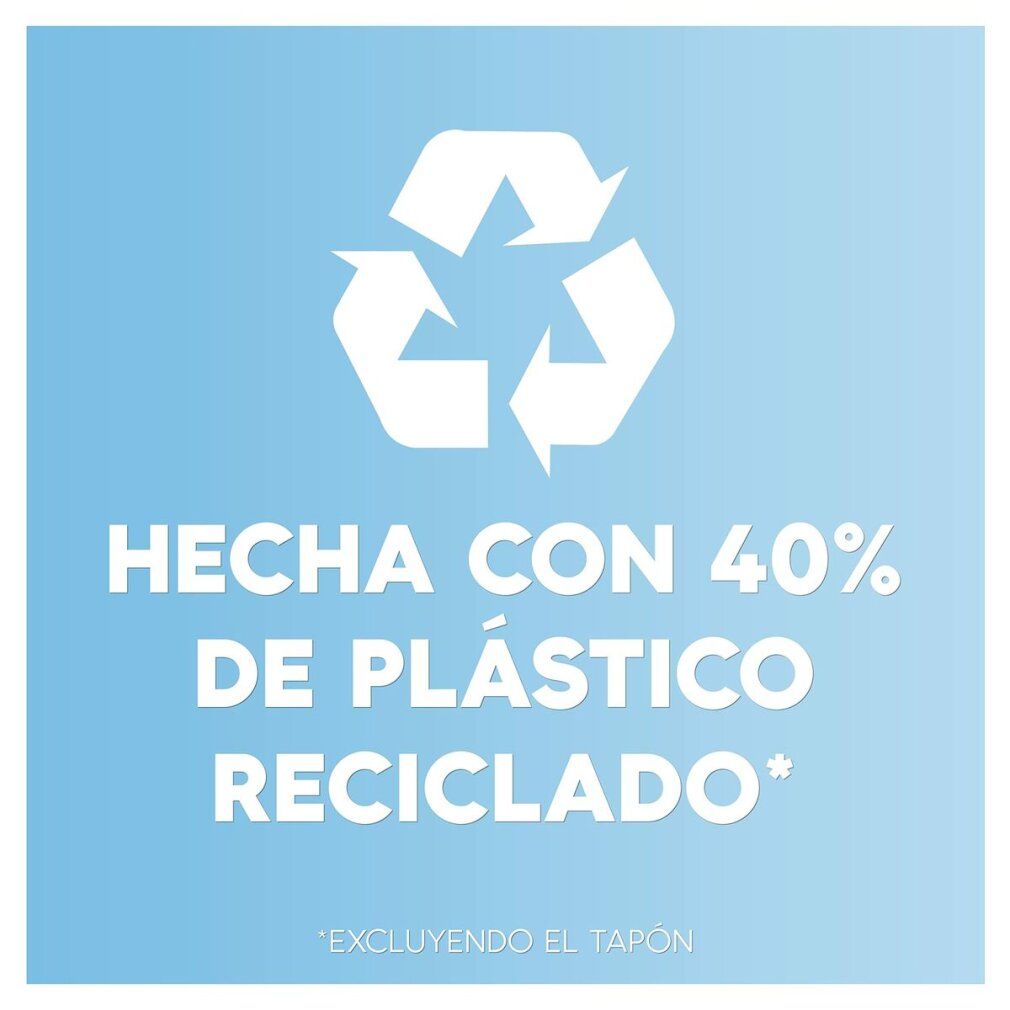 Blauer Hintergrund mit Recycling-Symbol. Text: HECHA CON 40% DE PLÁSTICO RECICLADO (Hergestellt aus 40% recyceltem Kunststoff).
