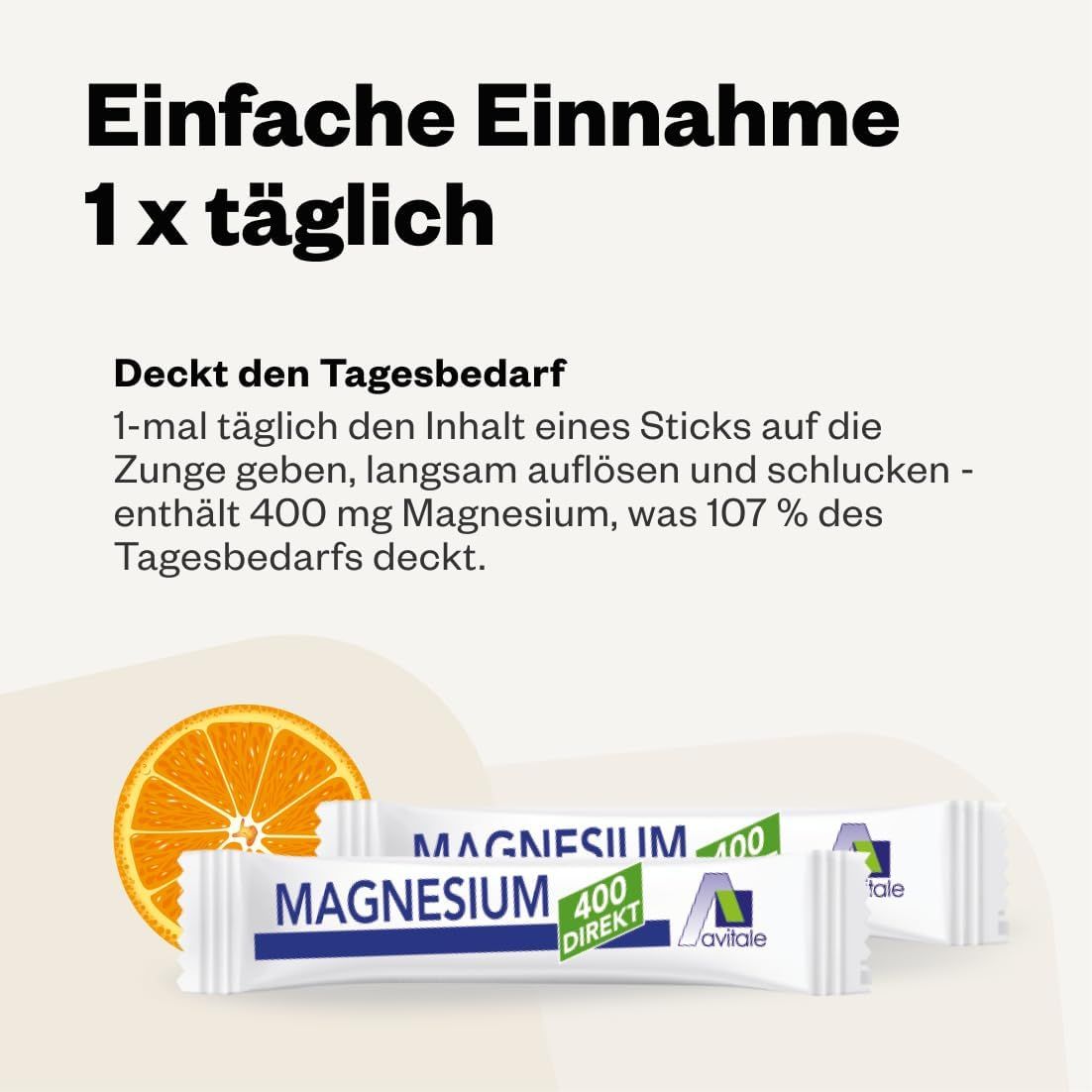 3 Sticks Avitale Magnesium 400 Direkt Orange. Text: Einfache Einnahme 1x täglich. 400 mg Magnesium.