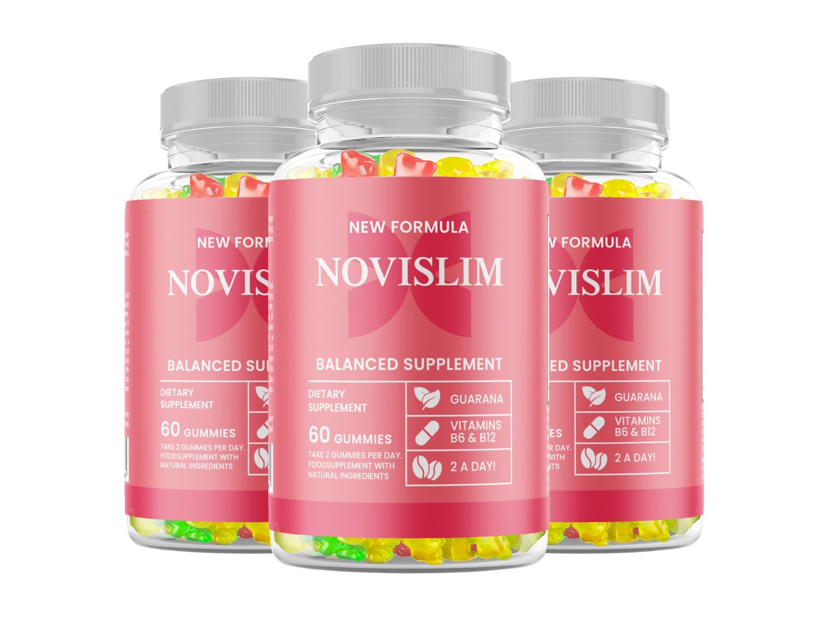 Drei Flaschen mit rosa Etikett. Aufschrift: NOVILSLIM, 60 Gummibärchen. Enthält Guarana, Vitamin B6 & B12. Deckel weiß.