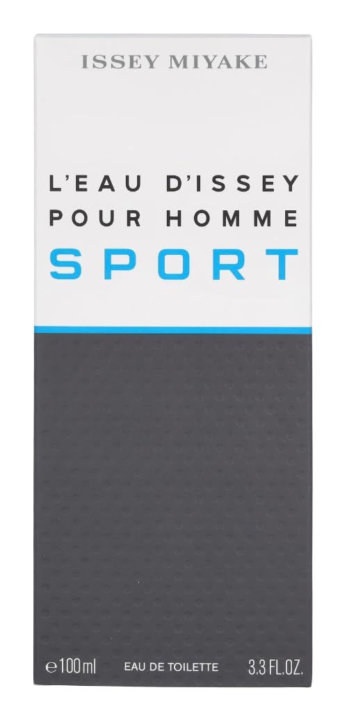 Verpackung von Issey Miyake L'Eau d'Issey pour Homme Sport. Weiß mit grauem und blauem Design. Schriftzug SPORT.