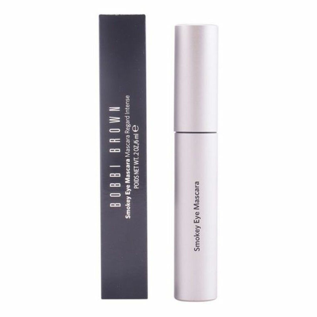 Mascara und Verpackung. Mascara-Tube silberfarben, Schriftzug Smokey Eye Mascara. Schwarze Verpackung mit Schriftzug Bobbi Brown.