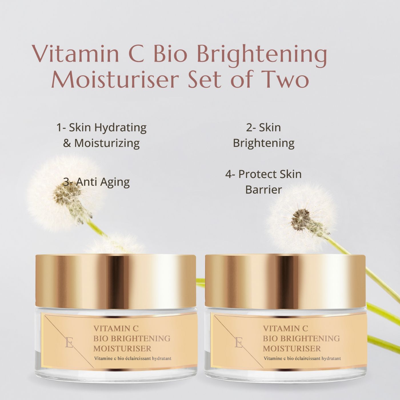 Zwei Tiegel ErthSkin London Vitamin C Bio Brightening Moisturizer. Text mit Vorteilen. Hintergrund mit Pusteblumen.
