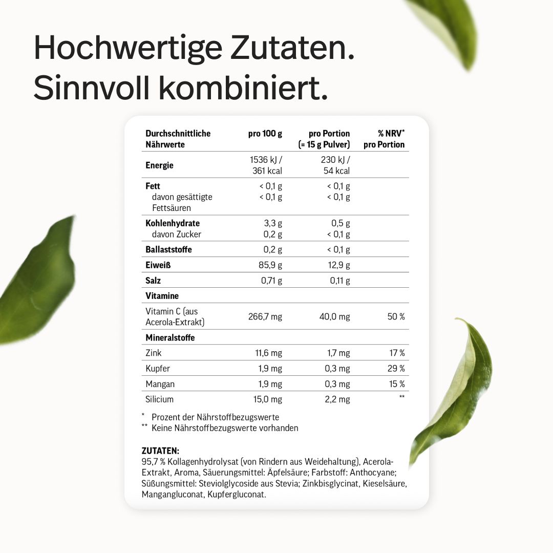 Nährwerttabelle für Kollagen-Hydrolysat Pulver mit Vitaminen und Mineralstoffen.