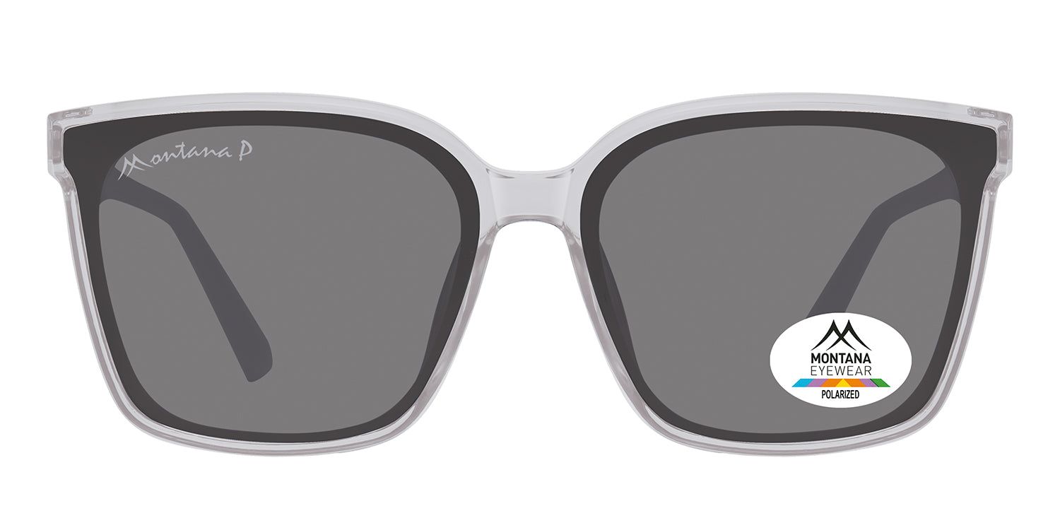 Montana Eyewear Sonnenbrille. Rechteckige Form, graue Gläser, transparente Fassung. Logo und Polarized-Aufkleber.