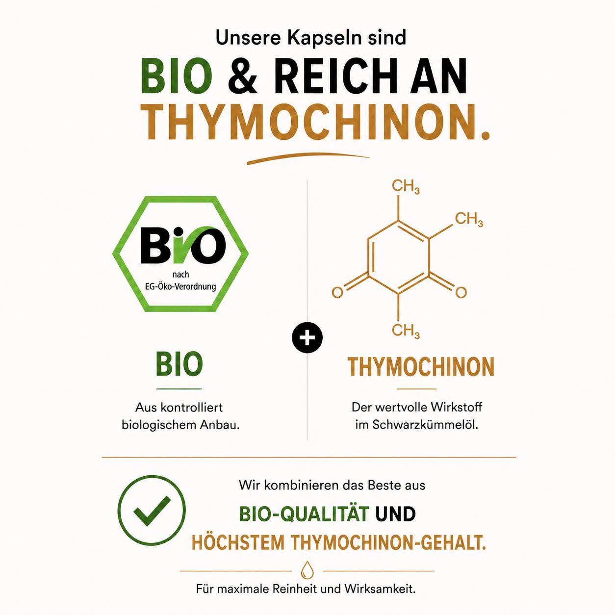 BIO-Siegel und chemische Strukturformel von Thymochinon für Schwarzkümmel-Kapseln.